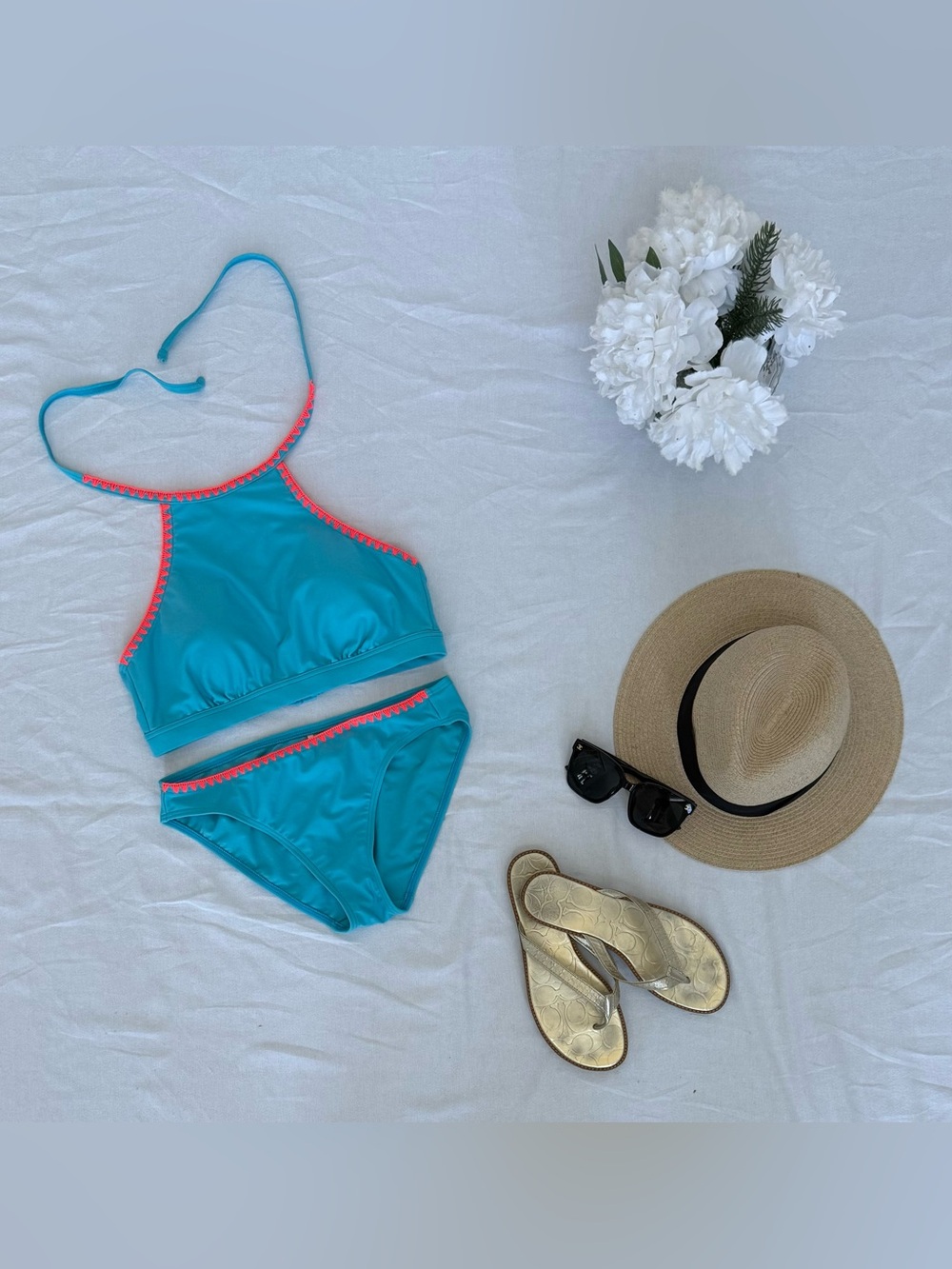 *New Turquoise Halter Top Bikini Set with Pink Trim
